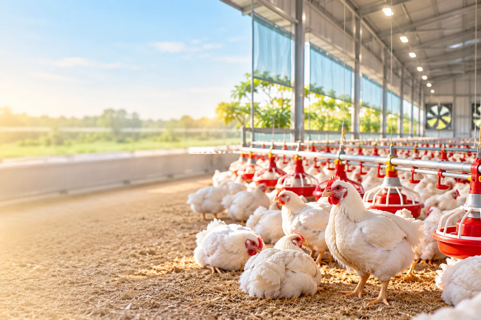 Healthy poultry flock in a modern, well-ventilated poultry farm